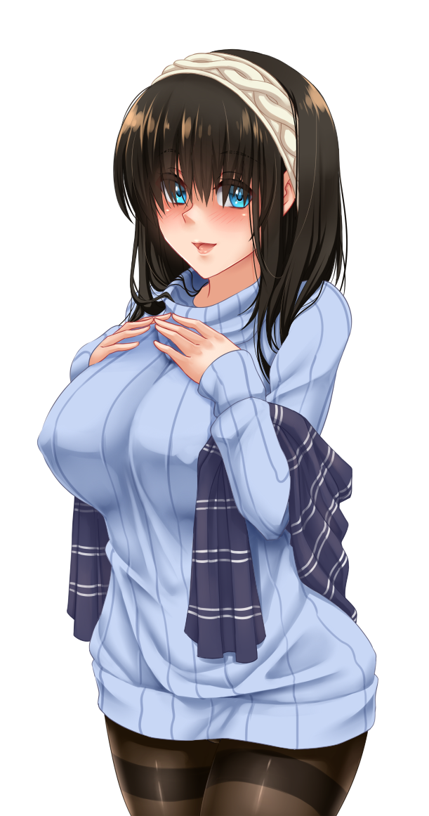 1girl black_hair black_legwear blue_eyes blue_sweater blush breasts eyebrows_visible_through_hair hairband idolmaster large_breasts looking_at_viewer medium_hair open_mouth pantyhose sagisawa_fumika smile solo sweater thigh-highs twrlare white_hairband