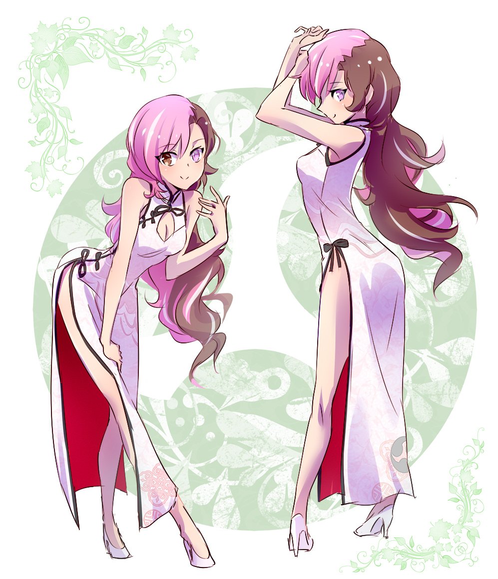 1girl bare_shoulders breasts brown_eyes brown_hair china_dress chinese_clothes cleavage cleavage_cutout commentary dress heterochromia high_heels iesupa leaning_forward long_hair looking_at_viewer medium_breasts multicolored_hair neo_(rwby) pink_eyes pink_hair pose rwby smile standing thighs white_dress
