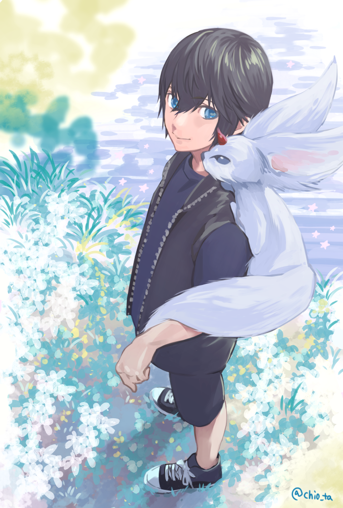 1boy black_hair black_vest blue_eyes carbuncle_(final_fantasy) child converse field final_fantasy final_fantasy_xv flower flower_field from_above kouen_(10chio) looking_at_viewer noctis_lucis_caelum on_shoulder shoes shorts sneakers solo twitter_username vest younger