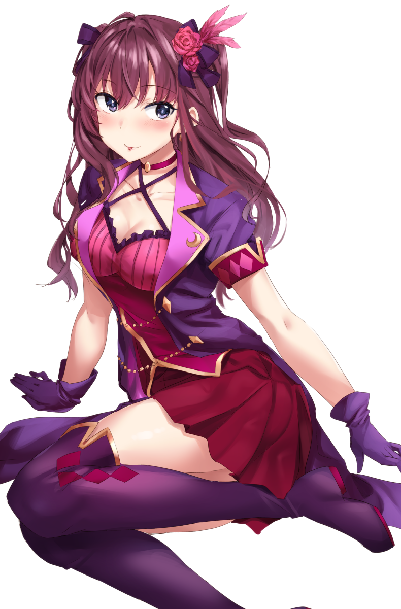 1girl :p blue_eyes blush breasts brown_hair bvucki36gzoeq1c choker cleavage gloves hair_ornament highres ichinose_shiki idolmaster idolmaster_cinderella_girls long_hair looking_at_viewer medium_breasts simple_background sitting sketch solo thigh-highs tongue tongue_out tulip_(idolmaster) two_side_up wavy_hair white_background