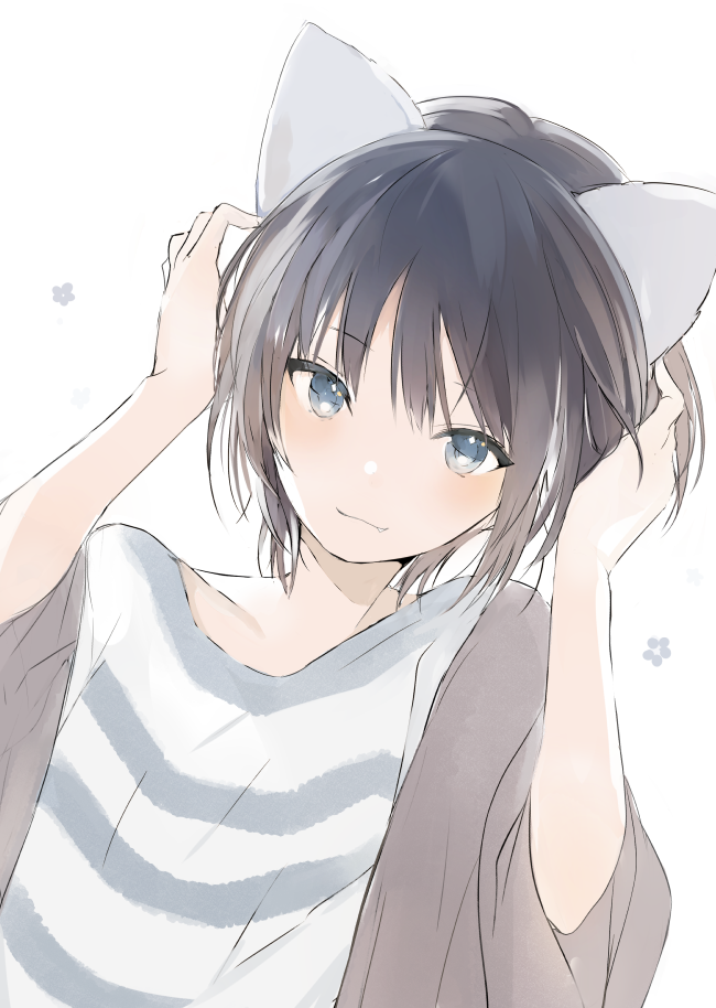 1boy androgynous animal_ears bangs black_hair blue_eyes cat_ears closed_mouth eyebrows_visible_through_hair fang_out hands_up looking_at_viewer lpip male_focus original shirt simple_background smile solo striped striped_shirt upper_body white_background