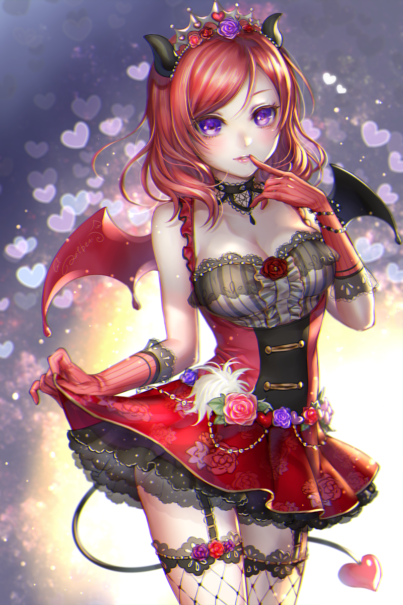 1girl bare_shoulders blush breasts cleavage dress fishnet_legwear fishnets garter_straps gloves highres horns lma looking_at_viewer love_live! love_live!_school_idol_festival love_live!_school_idol_project medium_breasts nishikino_maki parted_lips redhead short_hair smile solo tail thigh-highs violet_eyes wings