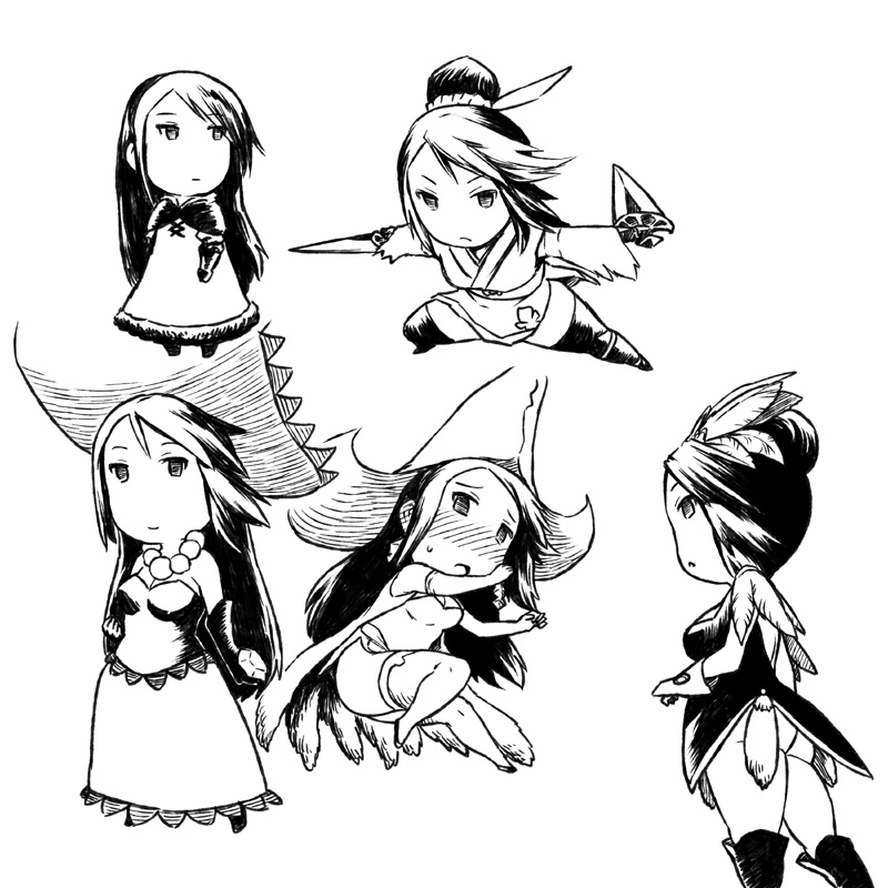 1girl agnes_oblige alternate_costume ass blush bravely_default_(series) breasts chibi cleavage dress gloves greyscale long_hair medium_breasts monochrome no_panties smile solo tsukudani_(coke-buta) white_background