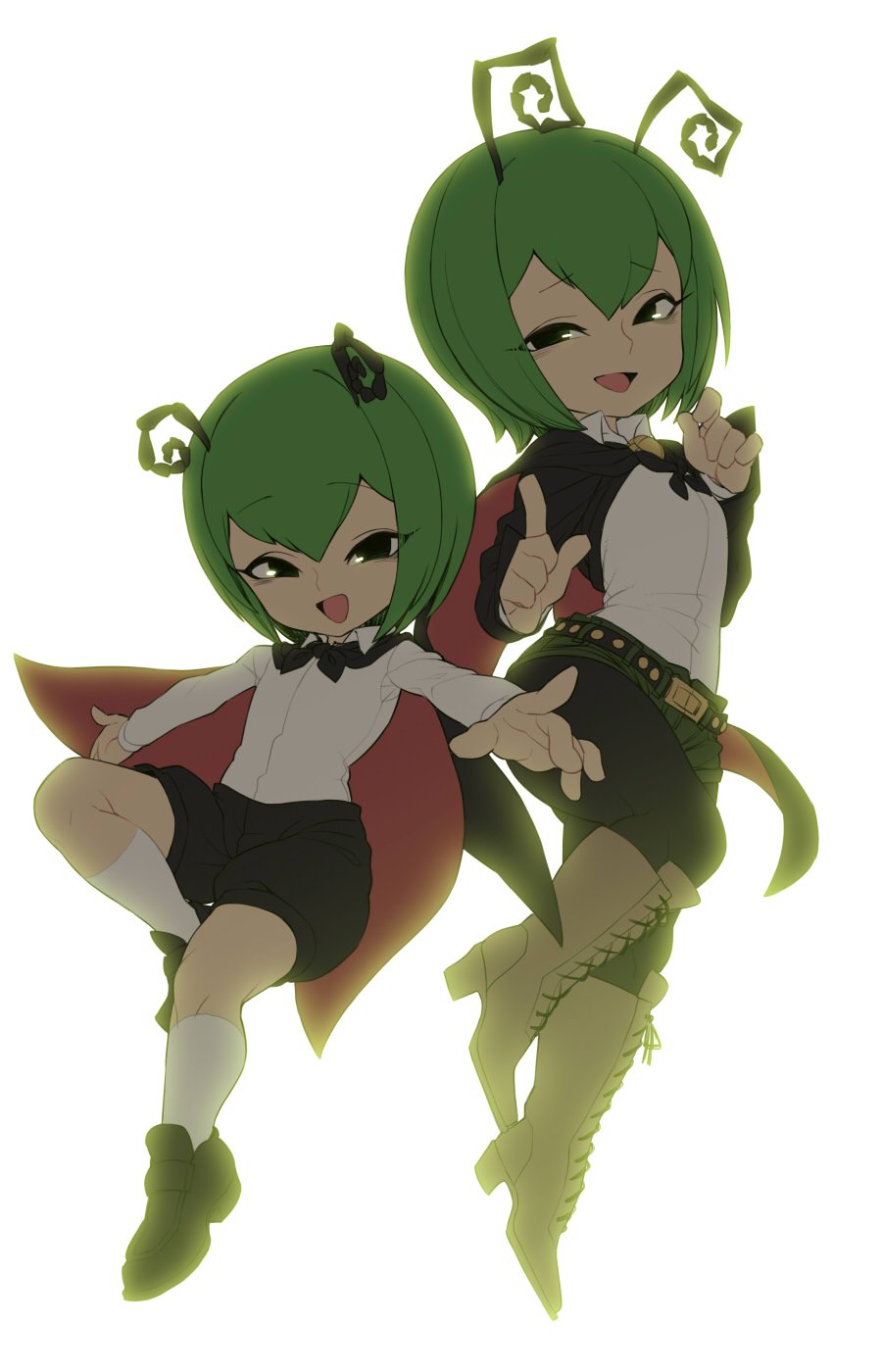 :d antennae backlighting belt belt_buckle boots buckle cape chibi cross-laced_footwear dual_persona full_body green_eyes green_hair highres looking_at_viewer open_mouth pantyhose_under_shorts short_hair shorts smile socks space_jin time_paradox touhou wriggle_nightbug