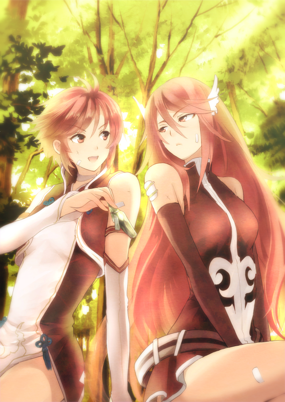 2girls arm_warmers bandaid bandaid_on_face bare_shoulders breasts dress elbow_gloves fire_emblem fire_emblem:_kakusei fire_emblem_heroes fire_emblem_if forest gloves hinoka_(fire_emblem_if) long_hair looking_at_another medium_breasts multiple_girls nature oka_(umanihiki) open_mouth red_eyes redhead scar short_hair sitting small_breasts smile thighs cordelia_(fire_emblem)