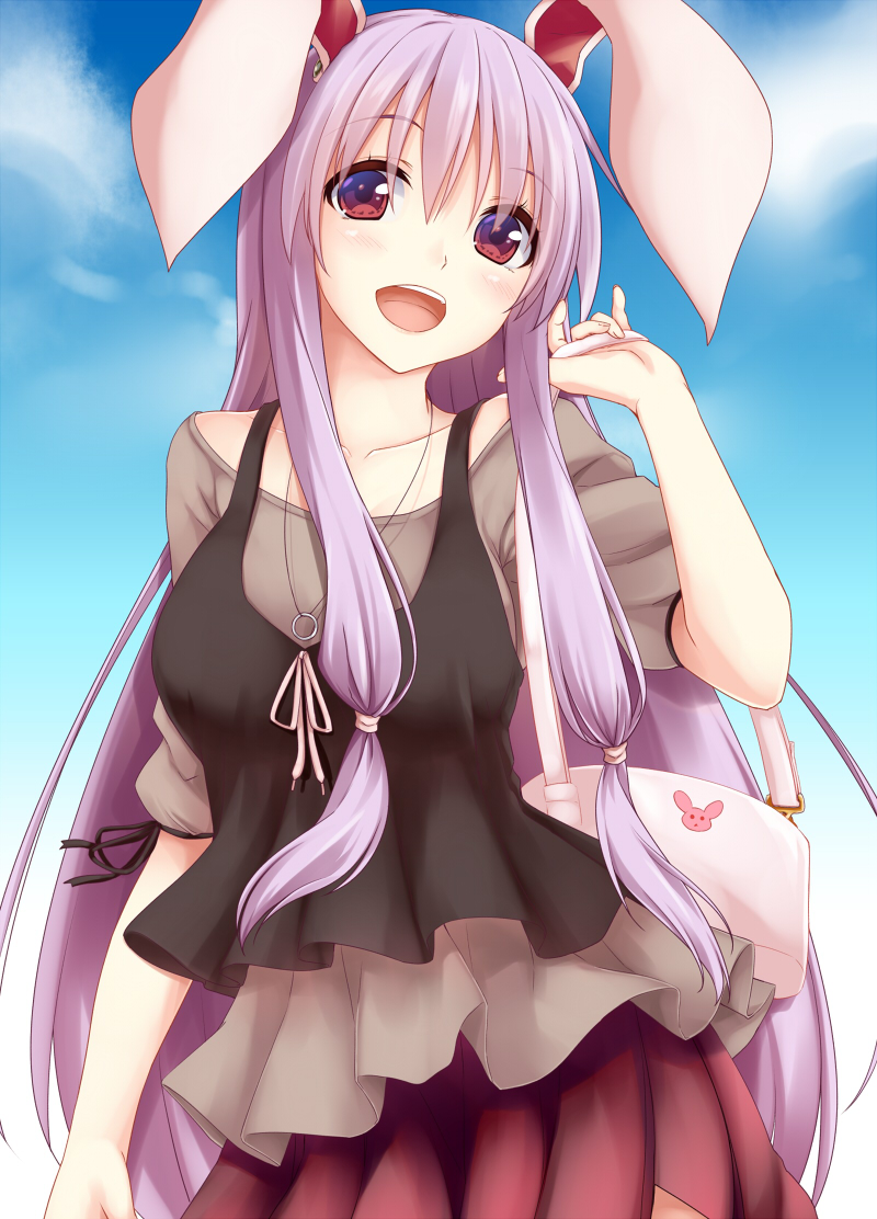 1girl :d alternate_costume animal_ears bag blouse bunny_head contemporary handbag kue long_hair looking_at_viewer open_mouth purple_hair rabbit_ears red_eyes reisen_udongein_inaba ribbon skirt smile solo touhou very_long_hair