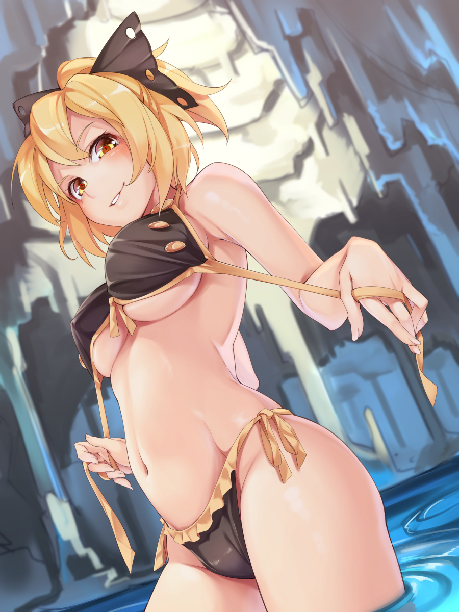 1girl adapted_costume asu_tora bare_arms bare_legs bare_shoulders bikini black_bikini black_bow blonde_hair blush bow breasts cowboy_shot frilled_bikini frills groin hair_bow highres kurodani_yamame large_breasts looking_at_viewer navel parted_lips partially_submerged ponytail red_pupils seductive_smile short_hair side-tie_bikini smile solo stomach strap_pull swimsuit touhou under_boob untied untied_bikini wading water yellow_eyes