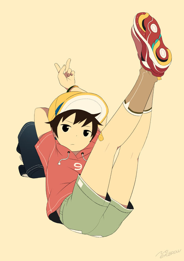 1boy arms_up artist_name bandaid bandaid_on_knee baseball_cap black_hair hat hood hoodie legs light_frown looking_at_viewer male_focus noeyebrow_(mauve) original shoes shorts simple_background socks solo v