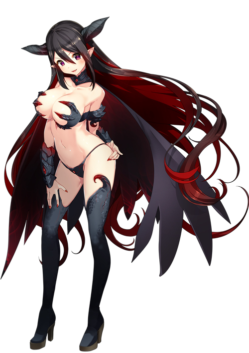 &gt;:) 1girl armor bare_shoulders bikini bikini_armor black_bikini black_boots black_hair blush boots breasts cape cleavage collarbone demon_girl demon_horns full_body hair_between_eyes highleg highleg_bikini horns large_breasts long_hair looking_at_viewer maoujou_no_chef multicolored_hair nail_polish official_art parted_lips pointy_ears red_nails redhead revealing_clothes sidelocks solo swimsuit thigh-highs thigh_boots two-tone_hair very_long_hair yam2344