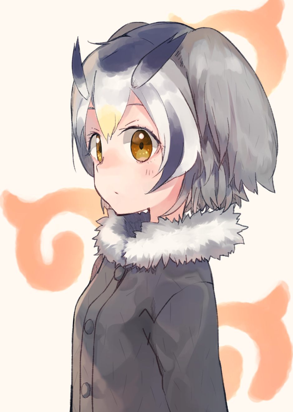 1girl :/ blonde_hair blush brown_eyes buttons collar expressionless eyebrows eyelashes from_side fur_collar gradient_hair grey_coat grey_hair hair_between_eyes head_wings highres japari_symbol kemono_friends long_sleeves looking_at_viewer multicolored_hair northern_white-faced_owl_(kemono_friends) pink_background short_hair simple_background solo tareme ukimesato white_hair wings