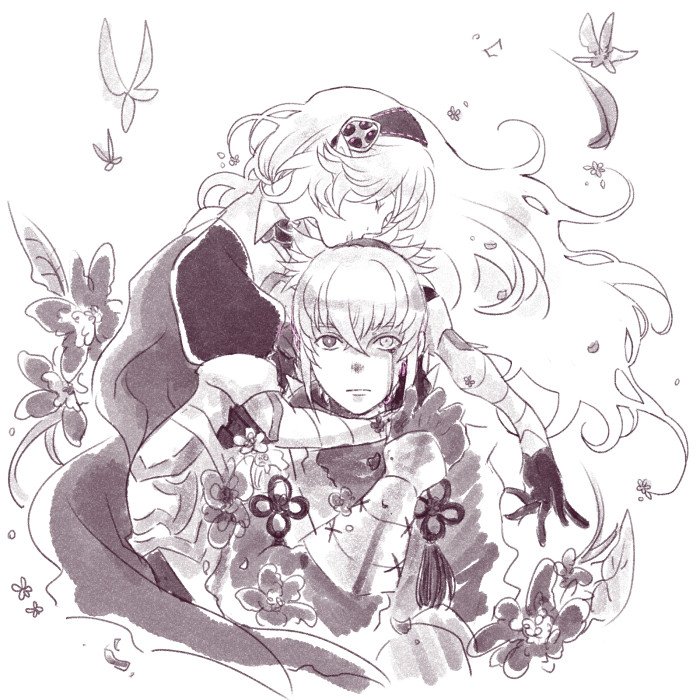 1boy 1girl bleeding blood closed_eyes female_my_unit_(fire_emblem_if) fire_emblem fire_emblem_if greyscale hug insarability long_hair looking_at_viewer monochrome my_unit_(fire_emblem_if) takumi_(fire_emblem_if)