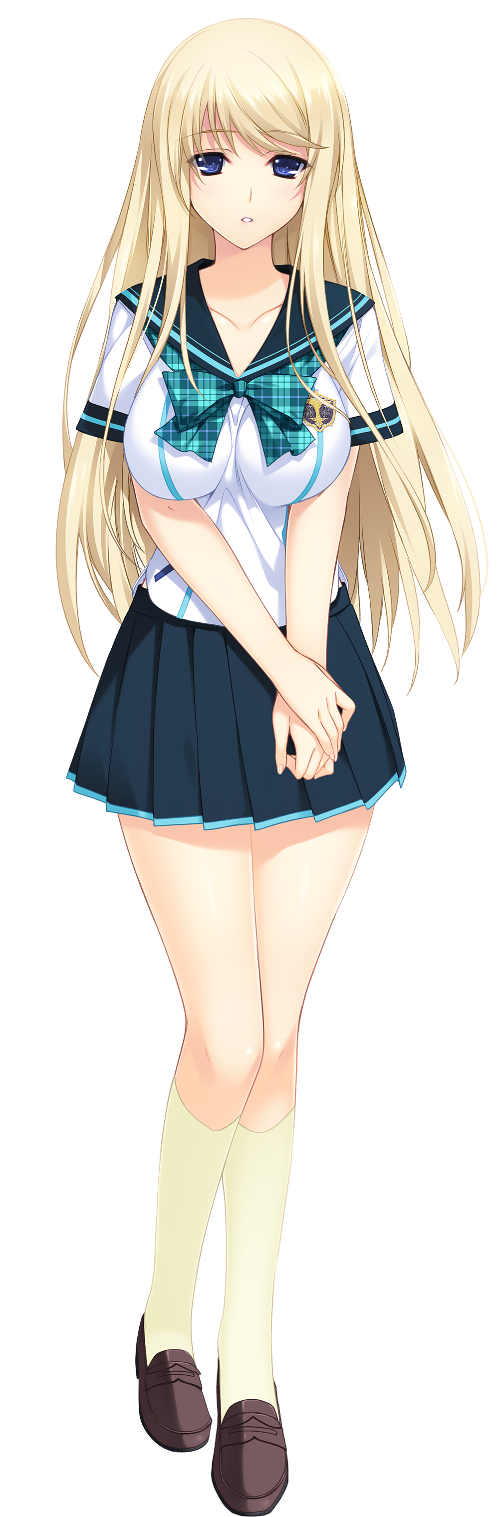 1girl absurdres bangs blonde_hair blue_eyes collarbone eyebrows_visible_through_hair full_body hands_together highres iizuki_tasuku long_hair lovely_x_cation_2 pleated_skirt ribbon school_uniform serafuku shoes short_sleeves skirt socks standing transparent_background white_legwear yoshinoya_seine