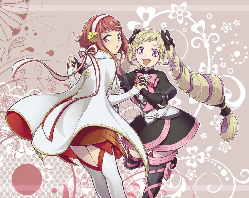 2girls black_bow boots bow cape capelet drill_hair elise_(fire_emblem_if) fire_emblem fire_emblem_if hair_bow hair_ornament headband hiyori_(rindou66) interlocked_fingers long_hair looking_at_viewer multiple_girls open_mouth pink_eyes redhead sakura_(fire_emblem_if) short_hair sidelocks skirt smile thigh-highs thigh_boots twin_drills twintails very_long_hair violet_eyes white_legwear zettai_ryouiki