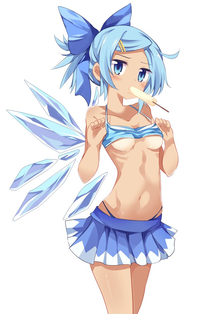 1girl alternate_hairstyle bangs bare_arms bare_legs bare_shoulders bikini bikini_lift blue_bikini blue_bow blue_skirt blush bow breasts cirno collarbone detached_wings eating eyelashes fairy_wings food hair_bow hair_ornament hairclip head_tilt hidden_star_in_four_seasons ice ice_wings legs_together lifted_by_self looking_at_viewer maturiuta_sorato miniskirt mouth_hold navel pleated_skirt ponytail popsicle revealing_clothes short_ponytail simple_background skirt small_breasts solo standing stomach strap_gap swept_bangs swimsuit tan thong touhou under_boob white_background wings