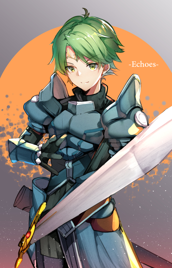 1boy ahoge alm_(fire_emblem) armor copyright_name fire_emblem fire_emblem_echoes:_mou_hitori_no_eiyuuou gloves green_eyes green_hair kouda_hayato_(e-gis) male_focus solo sword tiara upper_body weapon