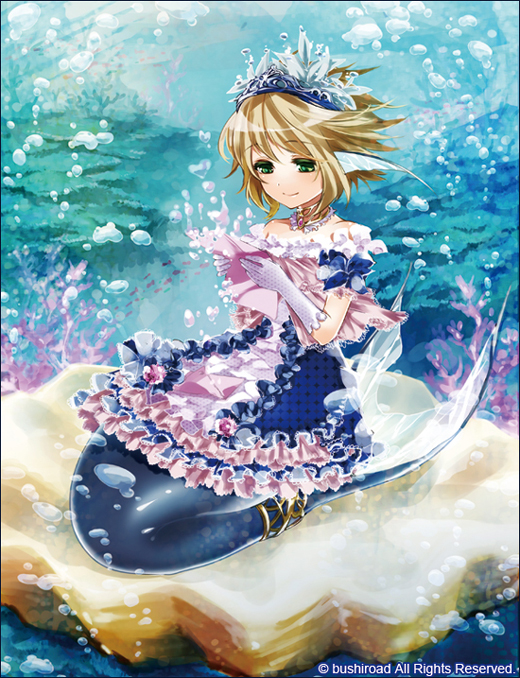 1girl bare_shoulders blonde_hair bow bubble cardfight!!_vanguard company_name eternal_memory_lorens gloves green_eyes head_fins mermaid monster_girl official_art reading rock short_hair sitting solo tiara underwater yomo_(ym)