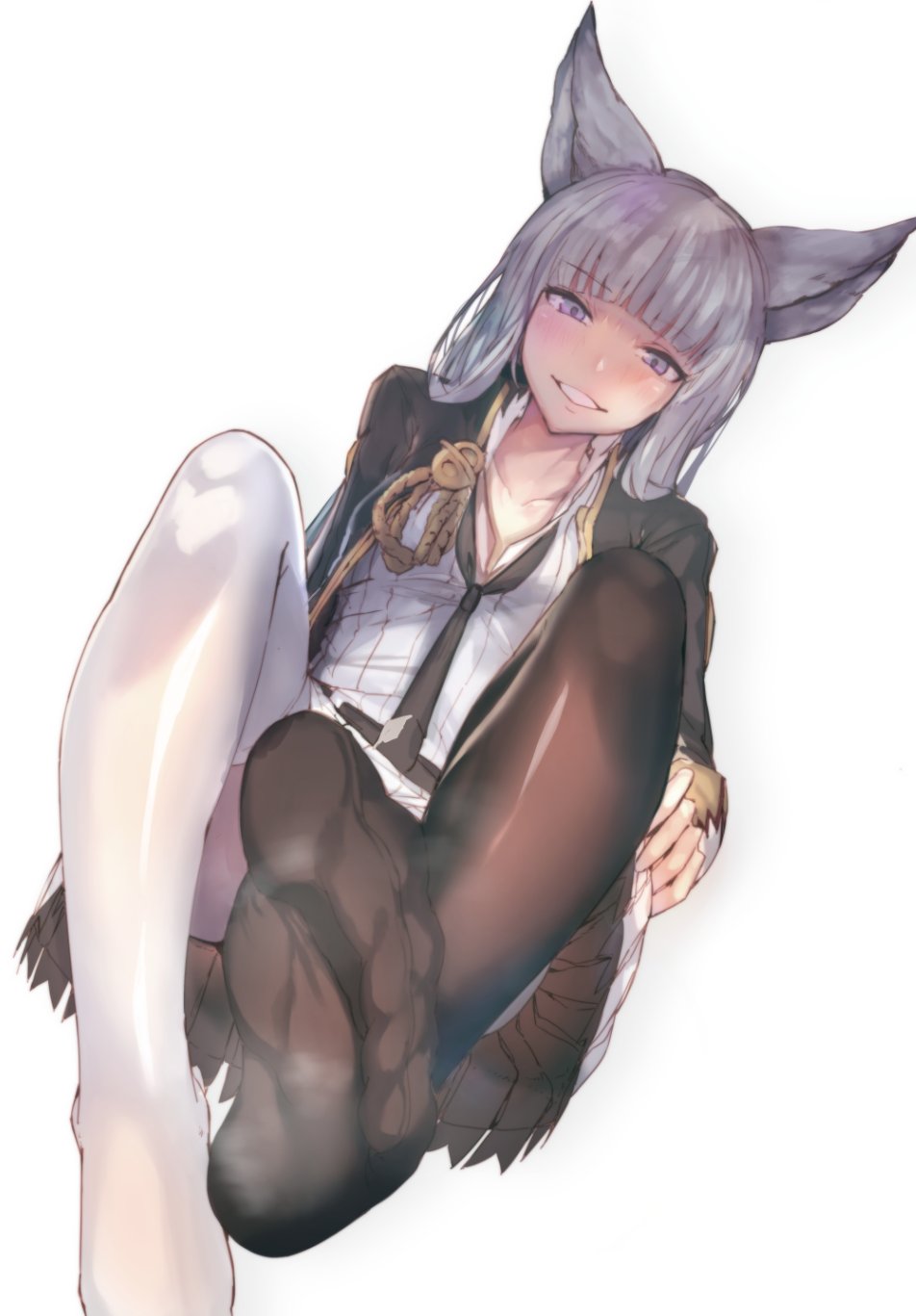 1girl akieda animal_ears bangs black_legwear black_necktie black_skirt blue_eyes blush dutch_angle erun_(granblue_fantasy) eyebrows_visible_through_hair feet granblue_fantasy highres jacket korwa legs long_hair long_sleeves looking_at_viewer loose_necktie mismatched_legwear necktie no_shoes open_clothes open_jacket parted_lips pleated_skirt silver_hair simple_background sitting skirt smile soles solo steam thigh-highs toes white_background white_legwear