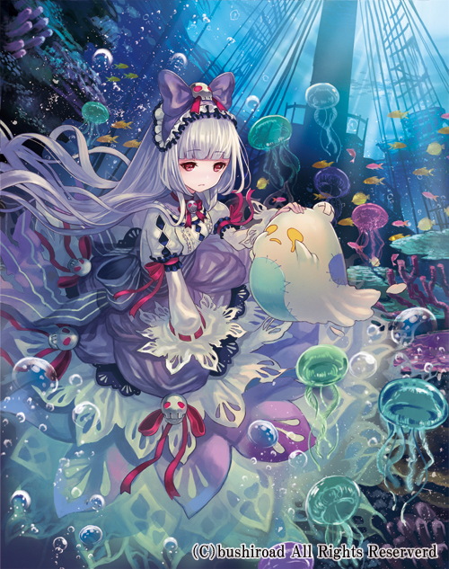 1girl bow bubble cardfight!!_vanguard company_name dress full_body ghost good_luck_charm_banshee hairband jellyfish long_hair official_art open_mouth red_eyes solo terai_(teraimorimori) underwater very_long_hair white_hair