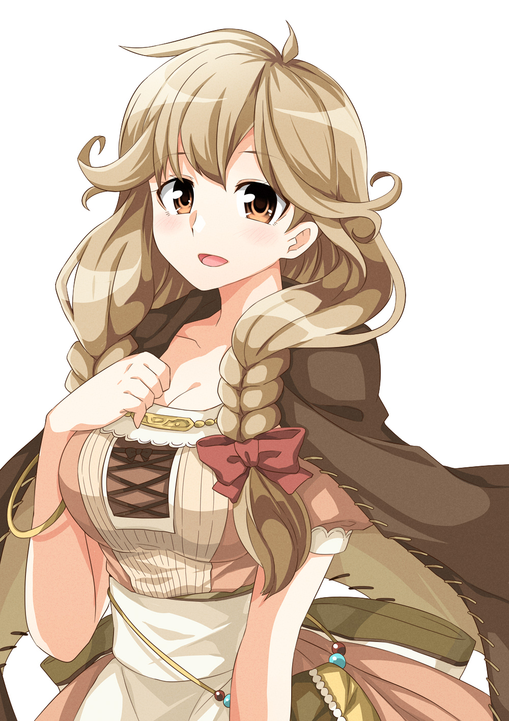 1girl apron blonde_hair bow bracelet braid breasts cape cleavage faye_(fire_emblem) fire_emblem fire_emblem_echoes:_mou_hitori_no_eiyuuou highres jewelry large_breasts long_hair orange_eyes shangorilla simple_background solo twin_braids upper_body white_background