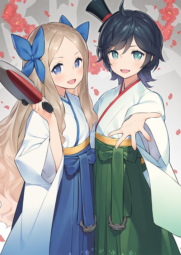 2girls ahoge asakaze_(kantai_collection) bangs black_hair blue_eyes blue_hakama bow brown_hair cowboy_shot gennosuke_(artist) green_eyes green_hakama gun hair_bow hakama hat japanese_clothes kantai_collection long_hair looking_at_viewer matsukaze_(kantai_collection) meiji_schoolgirl_uniform mini_hat mini_top_hat multiple_girls parted_bangs short_hair sidelocks standing top_hat wavy_hair weapon