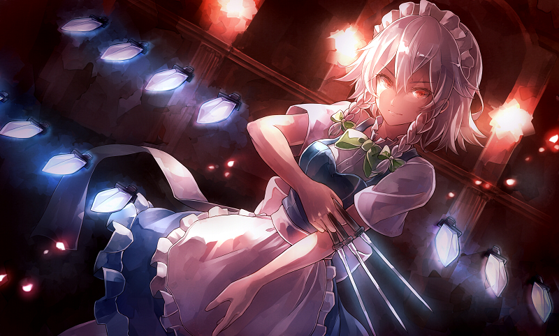 &gt;:) 1girl 60mai apron blue_dress bow bowtie braid breasts closed_mouth cowboy_shot dress green_bow green_bowtie hair_between_eyes hair_bow holding holding_knife indoors izayoi_sakuya knife knives_between_fingers looking_at_viewer maid maid_headdress medium_breasts red_eyes scarlet_devil_mansion short_hair short_sleeves silver_hair solo touhou twin_braids waist_apron