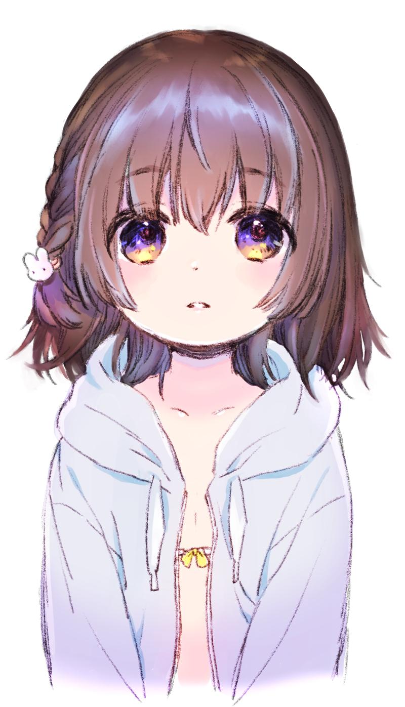 1girl arms_at_sides bangs blush braid brown_hair collarbone eyebrows_visible_through_hair highres hood hoodie konayama_kata looking_at_viewer open_clothes open_hoodie original parted_lips short_hair side_braid simple_background solo upper_body violet_eyes white_background