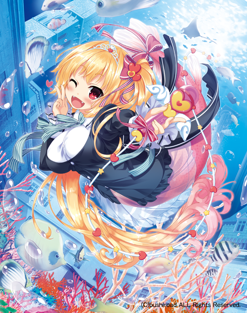 1girl blonde_hair bow breasts bubble cardfight!!_vanguard company_name fangs fish heart itou_life large_breasts long_hair magical_yell_nina mermaid monster_girl multicolored_hair official_art open_mouth pink_hair ponytail red_eyes solo tiara two-tone_hair underwater whip