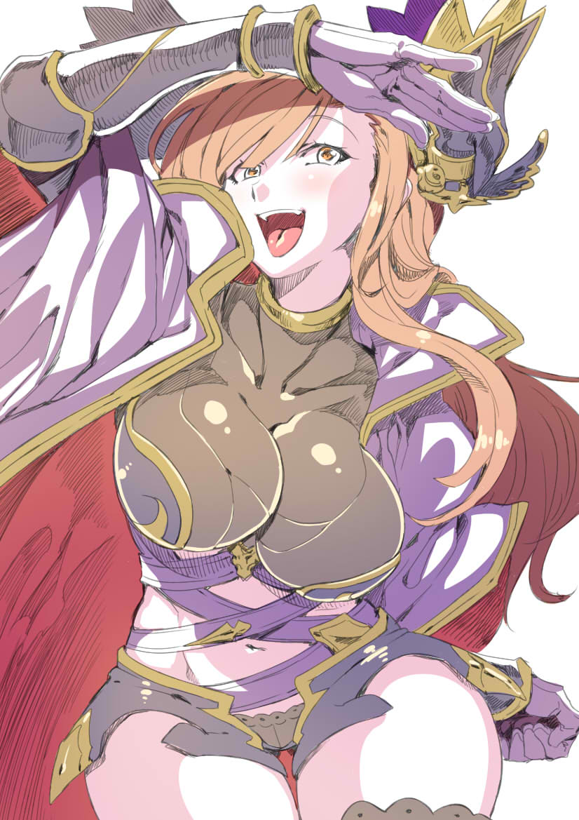 1girl breasts cape cleavage gloves granblue_fantasy hair_ornament large_breasts long_hair looking_at_viewer navel open_mouth orange_hair short_shorts shorts solo song_(granblue_fantasy) tsuki_wani