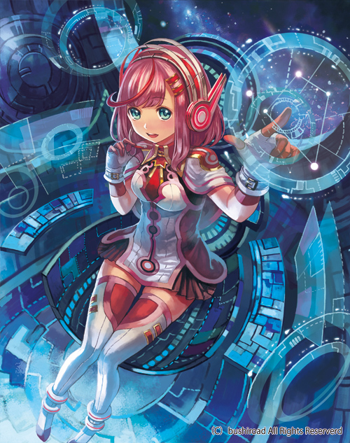 1girl boots cardfight!!_vanguard company_name dimensional_robo_operator_yuka fingerless_gloves gloves green_eyes hair_ornament hairclip headphones official_art open_mouth pink_hair sitting solo teeth terai_(teraimorimori)