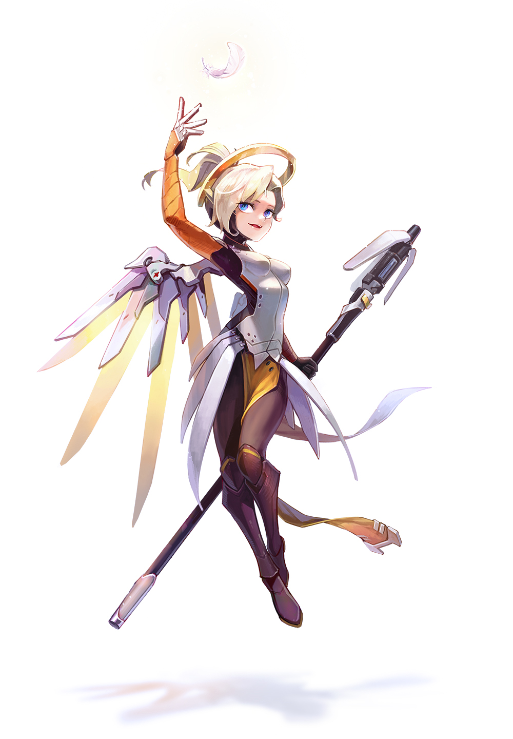 1girl arm_up blonde_hair blue_eyes bodysuit breasts brown_legwear faulds feathers floating full_body hetchi high_ponytail highres holding holding_staff looking_at_viewer mechanical_halo mechanical_wings medium_breasts mercy_(overwatch) open_mouth overwatch pantyhose pelvic_curtain shadow simple_background smile solo staff white_background white_feathers wings yellow_wings