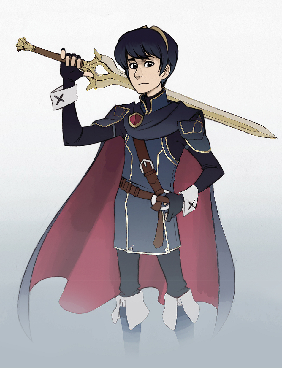 blue_eyes blue_hair cape falchion_(fire_emblem) fire_emblem fire_emblem:_kakusei fire_emblem:_mystery_of_the_emblem gloves guilhermerm highres looking_at_viewer male_focus marth solo sword tiara weapon