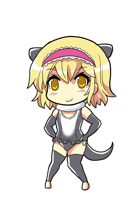 1girl alice_margatroid blonde_hair colonel_aki cosplay hairband hands_on_hips kemono_friends one-piece_swimsuit short_hair small-clawed_otter_(kemono_friends) small-clawed_otter_(kemono_friends)_(cosplay) smile solo swimsuit tail thigh-highs touhou white_background yellow_eyes