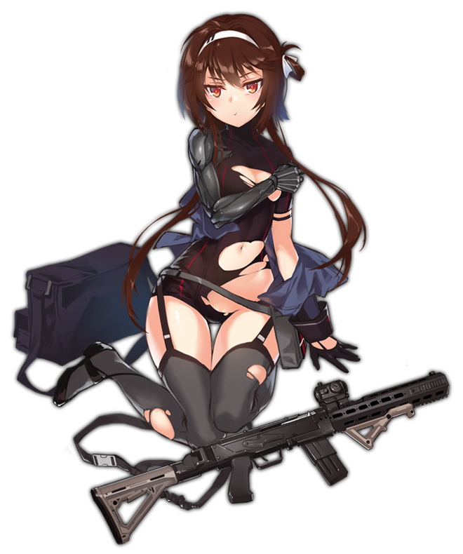 &gt;:t 1girl :t arm_support assault_rifle black_gloves breasts brown_hair cleavage covering covering_chest cropped garter_straps girls_frontline gloves gluteal_fold grey_legwear gun hair_ribbon hairband half_gloves leotard long_sleeves mechanical_arm navel nightmaremk2 off_shoulder one_side_up orange_eyes pouch ribbon rifle short_hair_with_long_locks sitting small_breasts solo thigh-highs thigh_gap torn_clothes torn_thighhighs transparent_background turtleneck type_79_(girls_frontline) wariza weapon