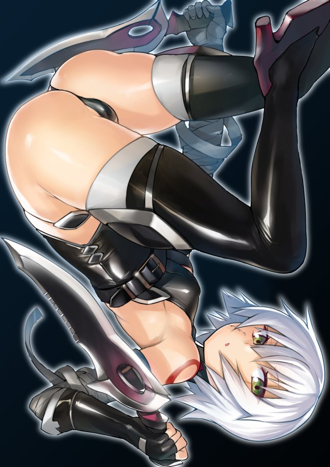 1girl ass assassin_of_black bandaged_arm bare_shoulders black_gloves black_legwear black_panties boots breasts dual_wielding eyebrows_visible_through_hair fate/apocrypha fate_(series) gloves green_eyes hair_between_eyes knife panties shiba_nanasei short_hair silver_hair simple_background single_glove small_breasts solo stitches string_panties tattoo thigh-highs thigh_boots underwear upside-down
