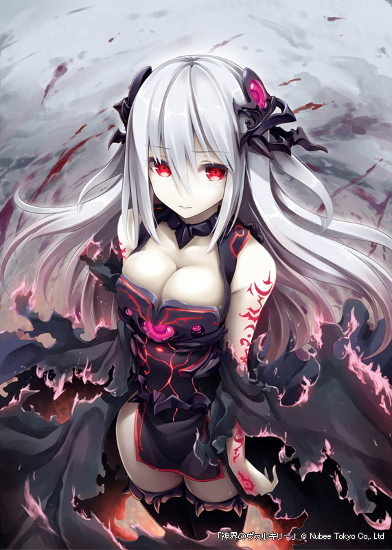 1girl akkijin black_dress breasts character_request cleavage demon_girl dress hair_ornament large_breasts long_hair red_eyes shinkai_no_valkyrie silver_hair tattoo thigh-highs torn_clothes
