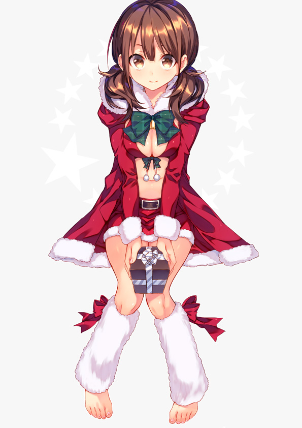 1girl bangs barefoot belt breasts brown_eyes brown_hair cleavage closed_mouth coat feet full_body fur_trim gift grey_background holding holding_gift knees_together_feet_apart leg_warmers long_hair looking_at_viewer low_twintails medium_breasts miniskirt navel original red_bikini_top red_skirt santa_costume shiny shiny_hair simple_background skirt smile solo star starry_background suisen toeless_legwear toes twintails