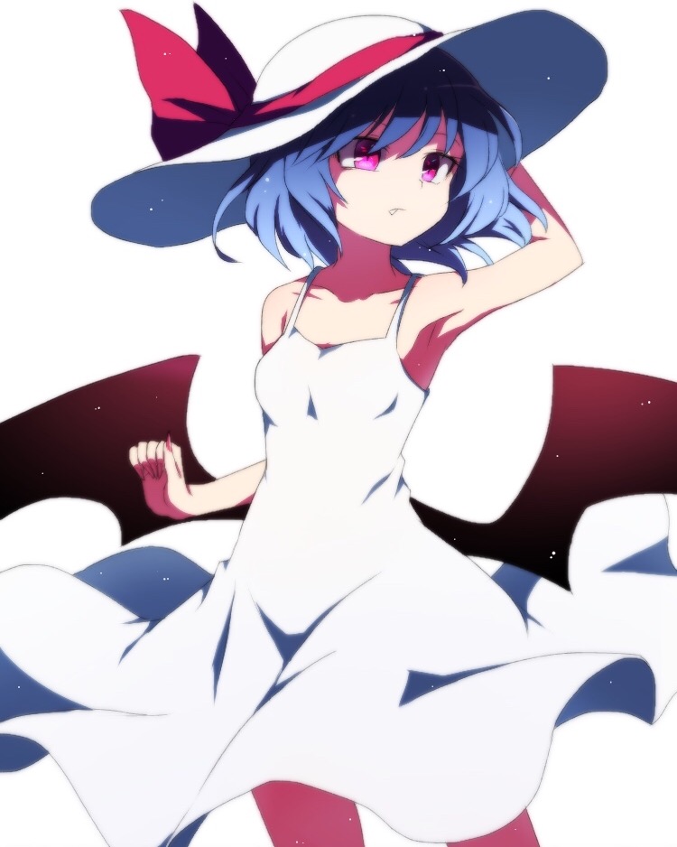 1girl alternate_costume alternate_eye_color armpits bat_wings blue_hair breasts collarbone commentary_request dress dress_lift fang fang_out fingernails hand_on_headwear hat long_fingernails remilia_scarlet short_dress short_hair simple_background slit_pupils small_breasts solo sun_hat sundress touhou violet_eyes white_background white_dress wind wings you_(noanoamoemoe)