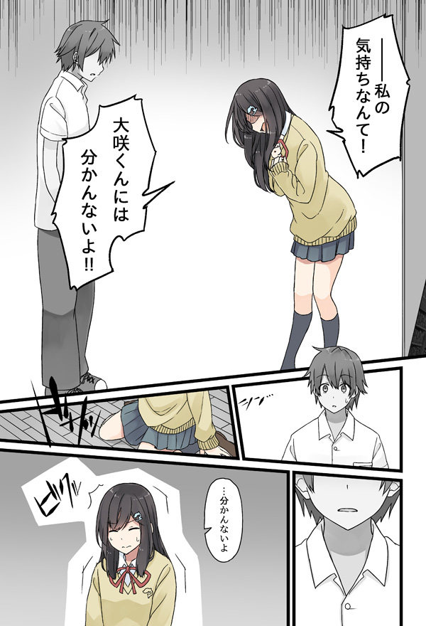 1boy 1girl bangs black_hair closed_eyes collared_shirt comic dolphin_hair_ornament long_sleeves minato_aya miniskirt neck_ribbon niichi_(komorebi-palette) oosaki_minato original partially_colored pleated_skirt red_ribbon ribbon school_uniform shaded_face shirt short_sleeves skirt sweatdrop sweater translation_request trembling