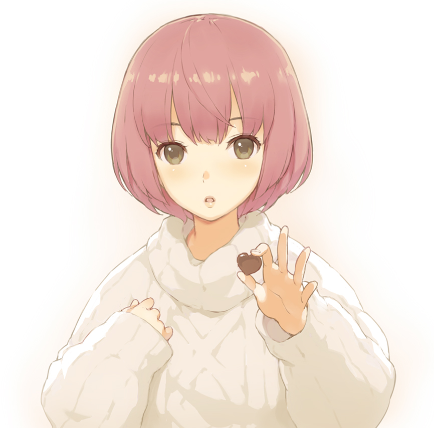 1girl auburn_hair blush bob_cut brown_eyes chocolate chocolate_heart heart holding_chocolate morisawa_haruyuki original parted_lips short_hair solo sweater turtleneck turtleneck_sweater valentine white_sweater