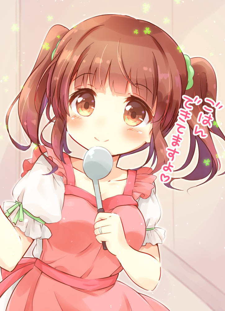 1girl apron blush brown_eyes brown_hair collarbone eyebrows_visible_through_hair green_ribbon idolmaster idolmaster_cinderella_girls ladle looking_at_viewer ogata_chieri pink_apron puffy_short_sleeves puffy_sleeves ribbon ringo_(nanaprin) short_hair short_sleeves smile solo text translation_request twintails