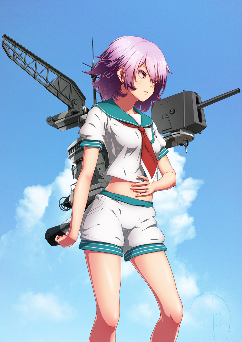 1girl 4690_(tkpbsk) clouds crane hand_on_own_stomach jewelry kantai_collection machinery neckerchief outdoors pink_hair red_eyes red_neckerchief ring school_uniform serafuku shirt short_hair short_sleeves shorts sky standing tama_(kantai_collection) turret wedding_band