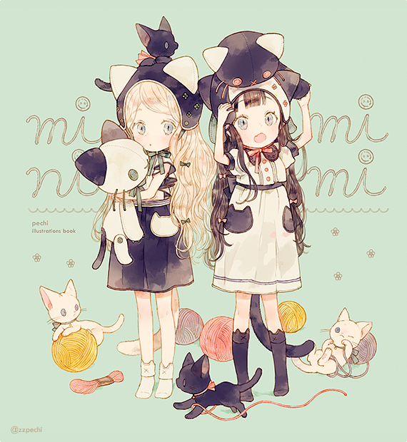 2girls :o animal animal_hood animal_on_head animal_print artist_name bangs black_hair black_legwear blonde_hair blue_background bow cat cat_band_legwear cat_hood cat_on_head cat_print cat_tail cover cover_page doujin_cover dress hair_bow hand_on_headwear holding holding_stuffed_animal hood kneehighs long_hair looking_at_viewer multiple_girls neck_ribbon no_shoes object_on_head on_head open_mouth original pechika ribbon socks standing stuffed_animal stuffed_cat stuffed_toy tail white_legwear yarn_ball