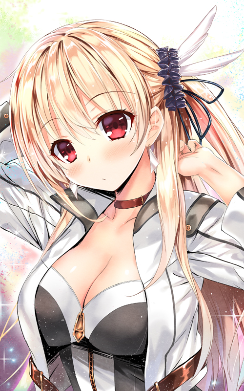 1girl :/ alisa_reinford arm_behind_head arms_up asymmetrical_hair bangs blonde_hair blush breasts choker cleavage closed_mouth collarbone commentary_request corset cropped_jacket earrings eiyuu_densetsu eyebrows_visible_through_hair feathers hair_between_eyes hair_feathers hair_ornament hair_ribbon hair_scrunchie hairdressing head_tilt jacket jewelry kibasuke large_breasts long_hair long_sleeves looking_at_viewer multicolored multicolored_background one_side_up red_eyes revision ribbon scrunchie sen_no_kiseki shiny shiny_skin side_ponytail solo sparkle upper_body very_long_hair white_feathers white_jacket zipper