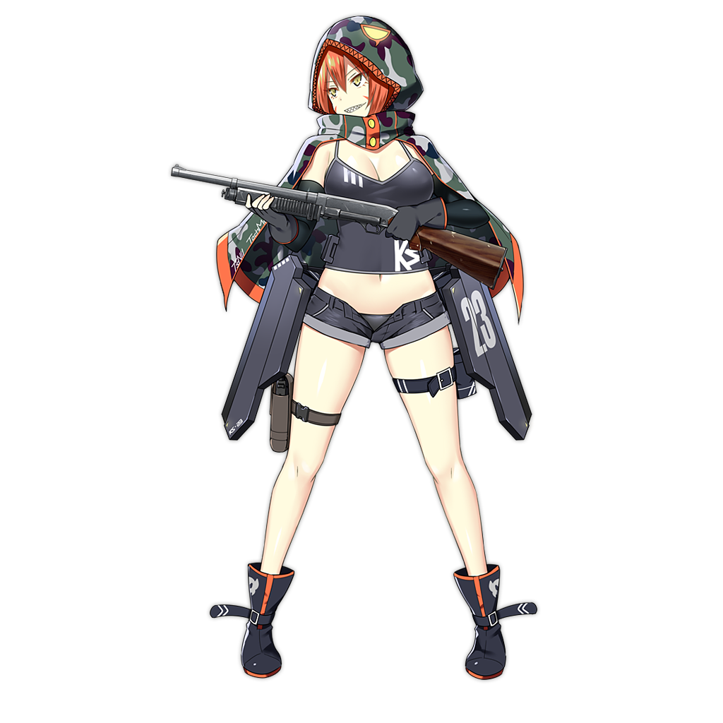 1girl armor black_gloves black_panties boots breasts camisole cleavage cloak detached_sleeves facial_mark fingerless_gloves full_body girls_frontline gloves grin gun hair_between_eyes holster hood hoodie ks-23_(girls_frontline) large_breasts looking_away midriff navel open_fly orange_hair panties pouch sharp_teeth short_shorts shorts shotgun sky_(freedom) smile solo teeth thigh_holster thigh_strap transparent_background underwear weapon yellow_eyes