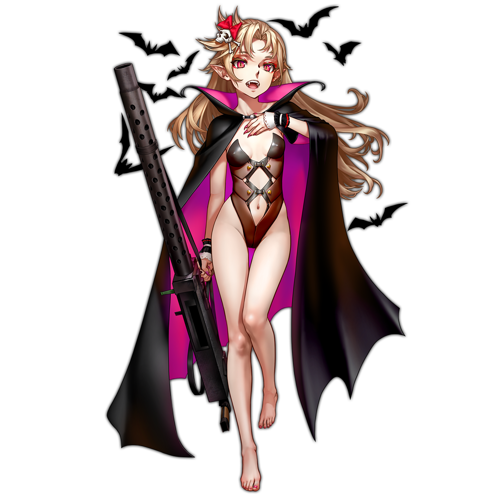 1girl as109 bare_legs barefoot bat blonde_hair breasts cape eyeliner fangs fingernails flipped_hair full_body girls_frontline gun hair_ornament hand_on_own_chest leotard long_fingernails long_hair m1919_(girls_frontline) machine_gun makeup nail_polish navel navel_cutout open_mouth pointy_ears red_eyes sharp_fingernails skull_hair_ornament slit_pupils small_breasts solo standing standing_on_one_leg toenail_polish transparent_background weapon wrist_cuffs