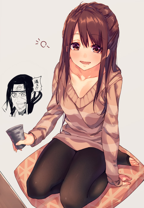 1girl bangs black_legwear blush brown_eyes brown_hair brown_sweater collarbone cup drooling eyebrows_visible_through_hair feet grey_background half-closed_eyes holding holding_cup long_hair looking_at_viewer naruto no_shoes open_mouth original pantyhose pillow simple_background sitting sitting_on_pillow smile solo striped striped_sweater suisen sweater toeless_legwear toes yokozuwari