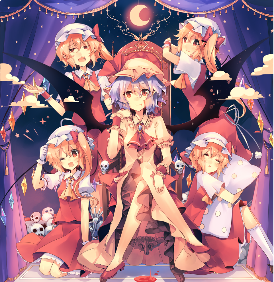 5girls :p ;d ascot bat_wings blonde_hair blood blood_on_face blue_hair brooch clone closed_eyes clouds curtains fang fang_out flandre_scarlet four_of_a_kind_(touhou) gloves hat jewelry kirero legs_crossed mob_cap moon multiple_girls one_eye_closed open_mouth pillow pillow_hug pointy_ears puffy_short_sleeves puffy_sleeves red_shoes red_skirt remilia_scarlet shoes short_hair short_sleeves side_ponytail sitting skirt skirt_set skull smile throne tongue tongue_out touhou white_gloves wings wrist_cuffs