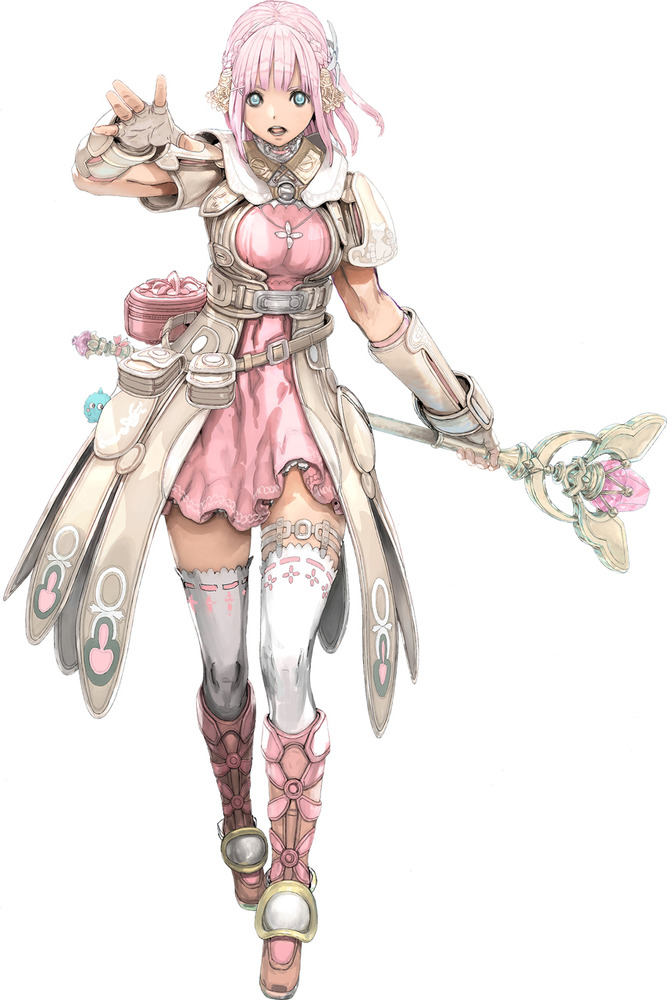 1girl belt blue_eyes boots braid dress fingerless_gloves flower full_body gloves hair_flower hair_ornament knee_boots looking_at_viewer miki_sauvester official_art pink_boots pink_dress pink_hair short_hair solo staff standing star_ocean star_ocean_integrity_and_faithlessness thigh-highs thighlet white_legwear yasuda_akira