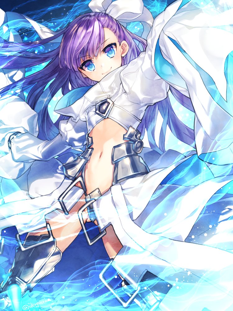 1girl armor armored_boots blue_eyes boots coat crotch_plate fate/extra fate/extra_ccc fate/grand_order fate_(series) hair_ribbon long_hair meltlilith midriff navel purple_hair renta_(deja-vu) ribbon sleeves_past_wrists smile solo very_long_hair