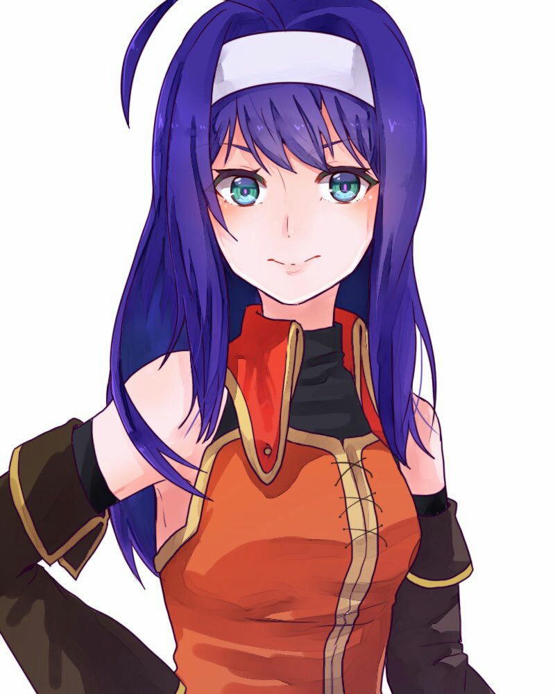 1girl ahoge blue_eyes blue_hair breasts detached_sleeves fire_emblem fire_emblem:_akatsuki_no_megami fire_emblem:_souen_no_kiseki hairband long_hair simple_background solo turtleneck tyotto_ko_i upper_body vest wayu_(fire_emblem) white_background